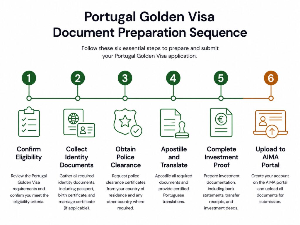 Portugal Golden Visa application documents timeline from eligibility to AIMA portal upload