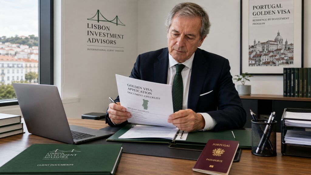 Portugal golden visa application documents reviewed by investor in Lisbon office