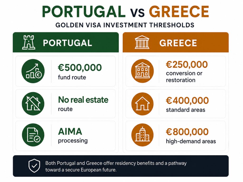 Portugal and Greece Golden Visa minimum investment thresholds in 2026