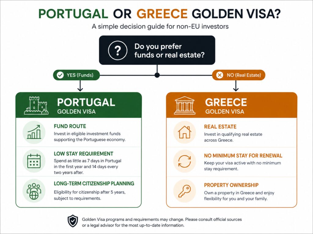 Decision tree for choosing Portugal or Greece Golden Visa in 2026