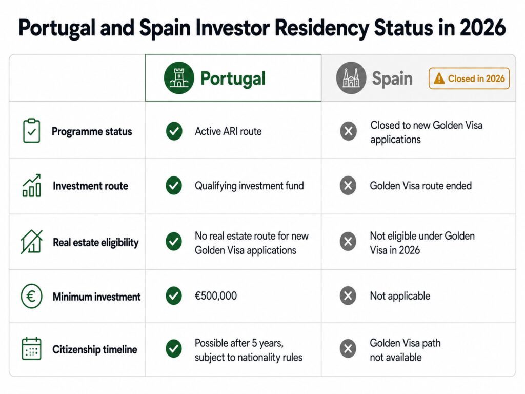 ortugal and Spain Golden Visa investment comparison table